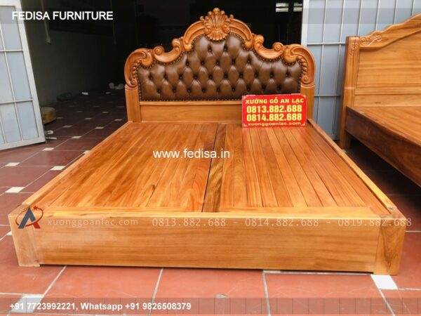 Wooden Bed Double Cot Wooden Brick Wall Interior Bedroom No-2054