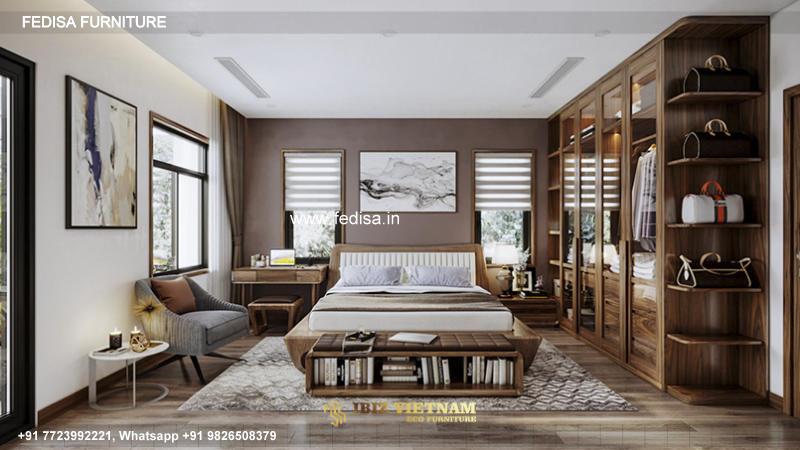 Wooden Bed Wooden Wardrobe Design Grayscale Bedroom Interior Design No-2201