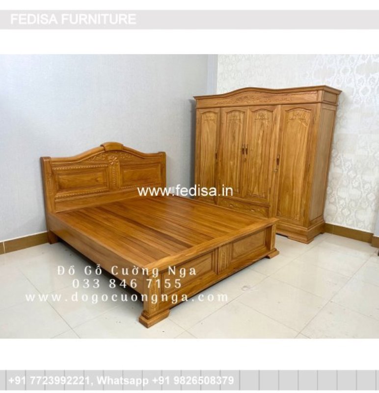 Wooden Bed Wooden King Size Bed Cement Almirah Design In Bedroom No-3717