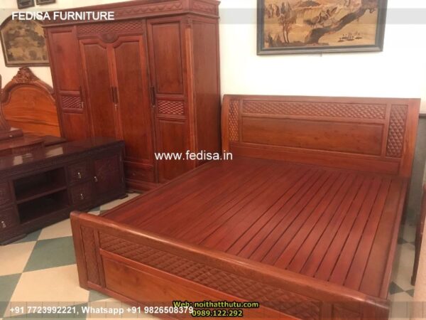 Wooden Bed Wooden Almirah With Dressing Table Design Dark Gray Bedroom No-5074